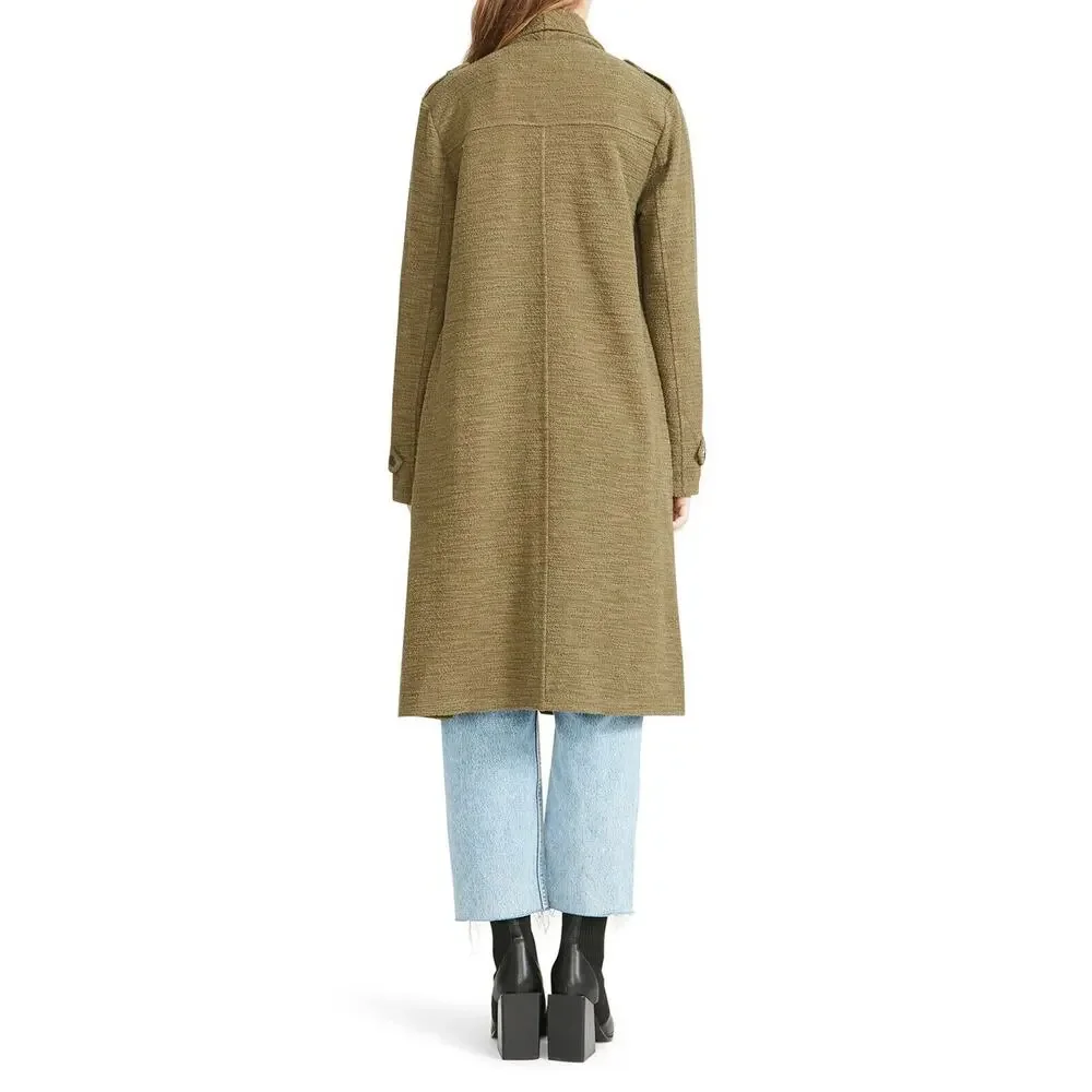 New BB Dakota Olive Green Revolution Drapey Boucle Trench Coat Size X Small